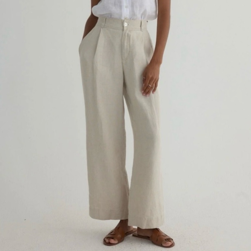 Bella Dahl Wide Leg 100% Linen Pants Large Khaki Beige Coastal Summer Travel